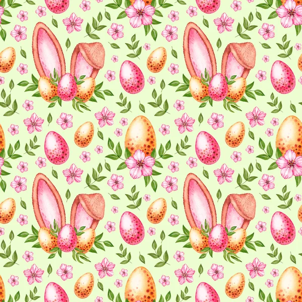 Paskalya yumurtaları, tavşan kulakları ve çiçeklerle suluboya deseni — Stok fotoğraf