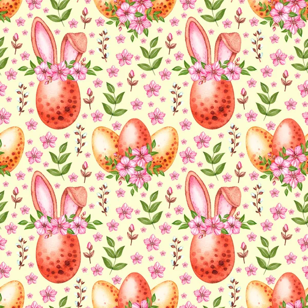 Watercolor pattern with Easter eggs with ears and flowers — Stock Photo, Image