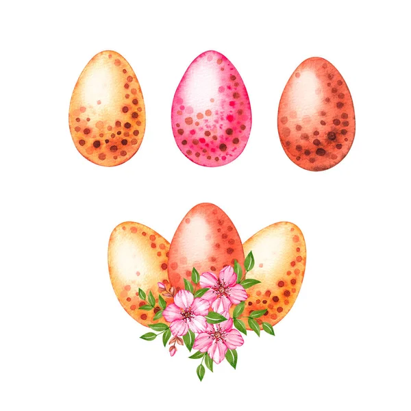 Aquarela coloridos ovos de Páscoa com flores em um fundo branco — Fotografia de Stock