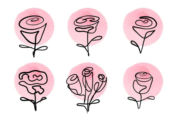 Set di rose diverse. Macchie di acquerello e una Rosa disegnata da una linea dentro. — Foto Stock