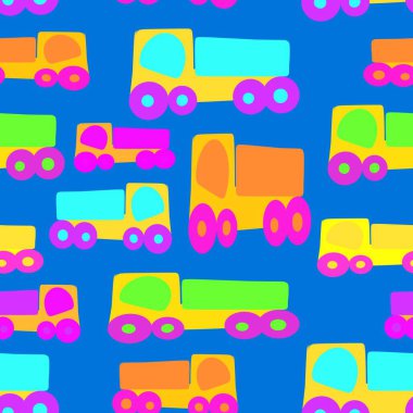 Childs teslimat kamyonu modelini çiziyor. Çocuk arabaları ve kamyonlarının kusursuz desenleri. Mavi arka planda bebek oyuncağı.