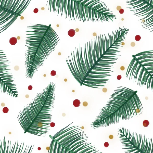 Seamless Watercolor Christmas pattern with berries and tree branches. — Stock Photo, Image