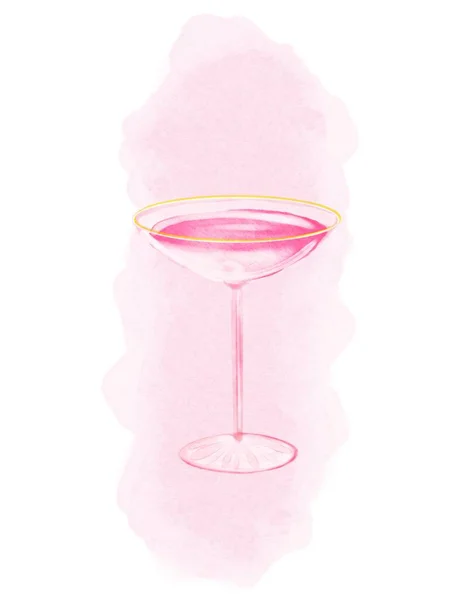 一杯水彩画的粉红色香槟。水彩画玫瑰杯，用于酒吧菜单设计、餐厅装饰、酒精饮料印刷 — 图库照片