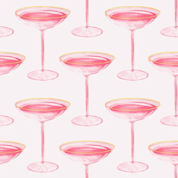 Patrón sin costura con copas con vino rosa. Glamoroso Champagnel rosa de moda pintado en acuarela. Acuarela ilustración dibujada a mano. — Foto de Stock