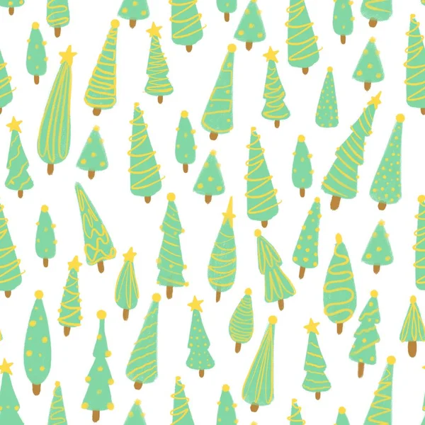 Nahtloses Muster mit Weihnachtsbäumen. Niedliche handgezeichnete Tannenbäume in Girlanden. Wintermuster zum Drucken auf Stoffen und Typografie. — Stockfoto