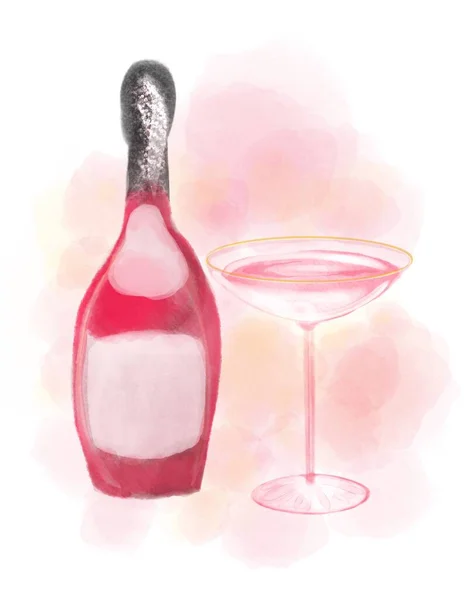 ピンク色のシャンパンボトルとワイングラスの水彩イラスト. — ストック写真