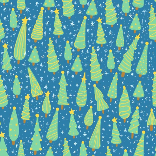Seamless pattern with Christmas trees and falling snow. Cute hand drawn fir. — Stock Photo, Image