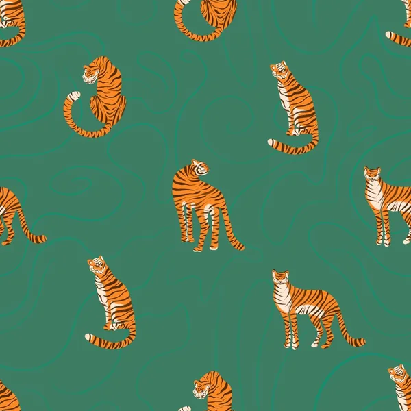 Patrón sin costuras con tigres sobre un fondo verde. Dibujado a mano Hermosos tigres en diferentes poses. Diseño de tela de moda. — Foto de Stock