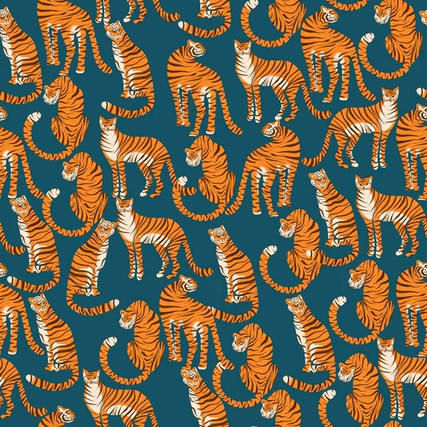 Naadloos patroon met tijgers. Oranje roofdieren getekend met waskrijtjes. — Stockfoto