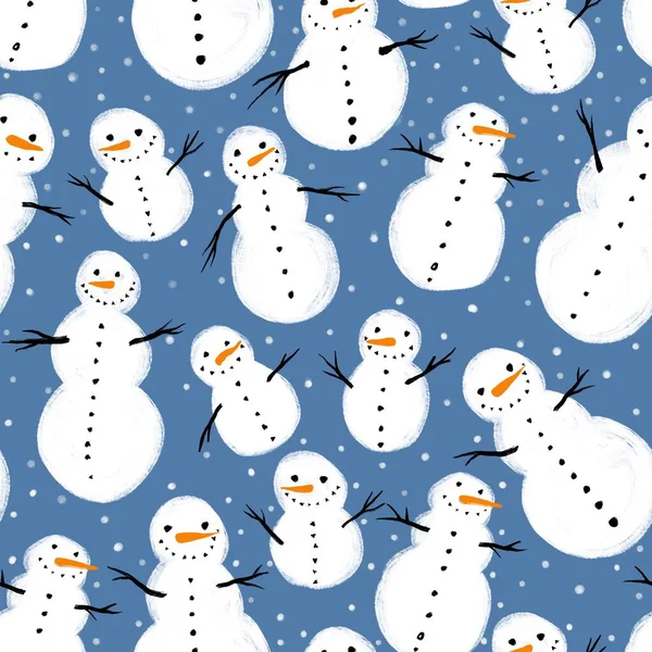 Seamless Christmas pattern with snowmen and snowflakes. Christmas greeting card. — Stock Photo, Image