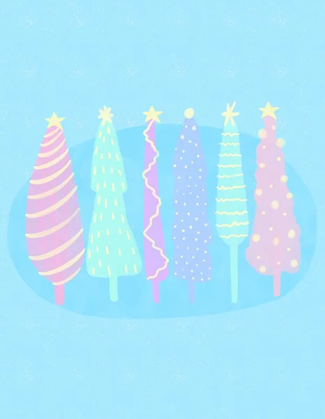 Cute cartoon winter card. Hand drawn Christmas illustration of fir trees. — Stock Photo, Image