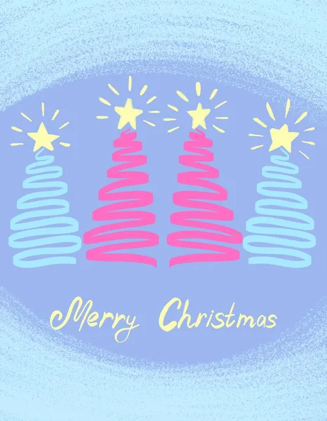 明亮的手绘冬季卡片。圣诞树和星星. — 图库照片