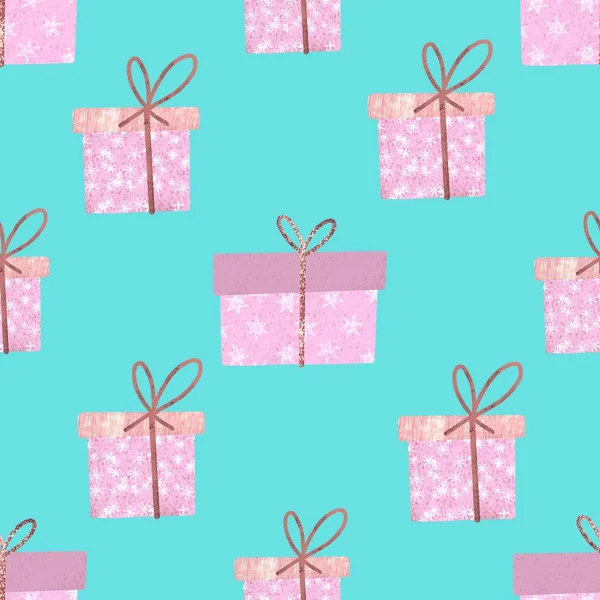 Nahtloses Muster mit Geschenk-Bastelschachteln. Muster zum Drucken aus rosa Schachteln mit Sternenmuster. — Stockfoto