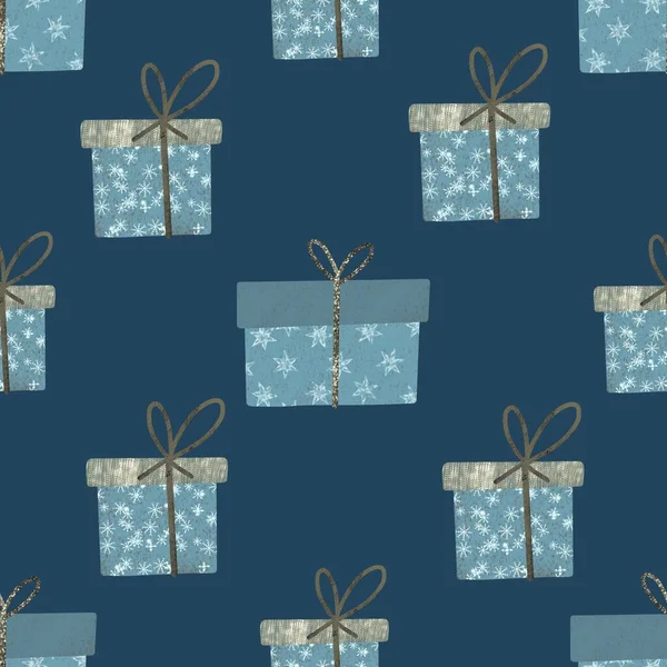 Seamless pattern with gift craft boxes. Pattern for printing from blue boxes. — Stock Photo, Image