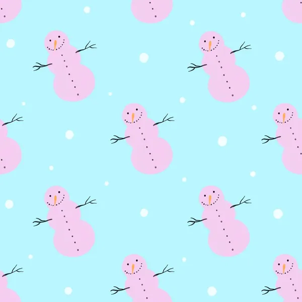 Patrón sin costuras con muñecos de nieve rosados y copos de nieve sobre un fondo azul. — Foto de Stock