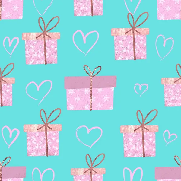 Płynny wzór z różowymi pudełkami i ręcznie rysowane serca na niebieskim tle. — Zdjęcie stockowe