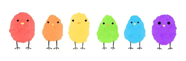 Uppsättning regnbåge akvarell kycklingar. Fluffy färgglada brudar. Fjäderkort Lgbt. — Stockfoto