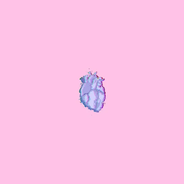 Valentines card with a human heart drawn in Trendy style on pink background. Very Peri Love. Purple neon Heart in 2000s styles with pixels. — Zdjęcie stockowe