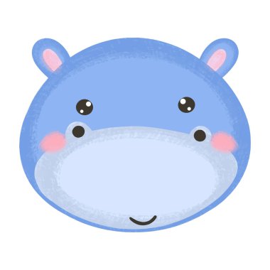 Cute baby illustration with Hippo muzzle. Cute animal kawaii characters. The faces of wild animals. Vector illustration isolated on white background.
