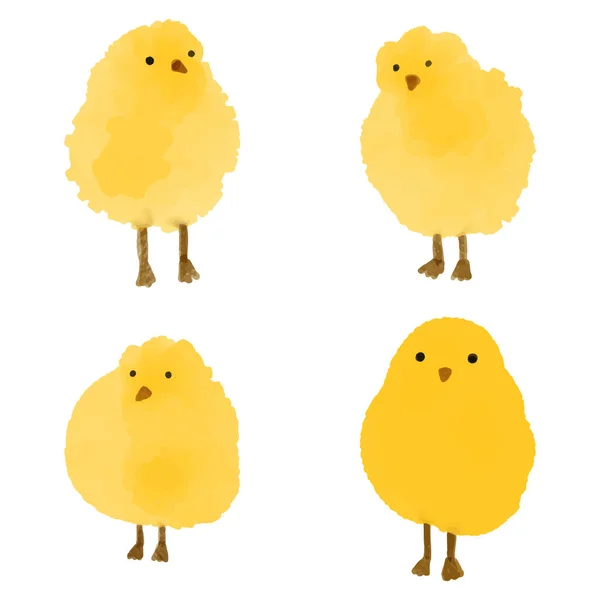 Vector illustraties van aquarel Kleine gele kippen. Handgetekend, artistiek, kleurenbeeld van kippen in aquarelstijl op een witte achtergrond. Baby douche, Pasen kaart ontwerp. — Stockvector