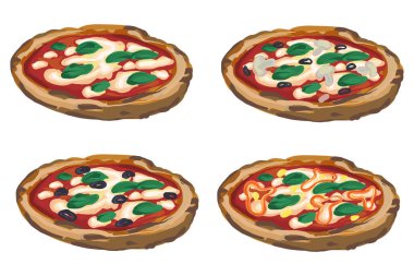 Beyaz arka planda izole edilmiş 4 adet el yapımı Vegan Pizzası vektörü. Domatesli pizza, mozarella peyniri ve fesleğen yaprağı. Pizza Margarita..