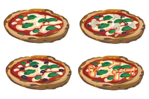 Set di 4 pizze vegane vettoriali disegnate a mano isolate su sfondo bianco. Pizza con pomodori, mozzarella e foglie di basilico. Pizza Margarita. — Vettoriale Stock