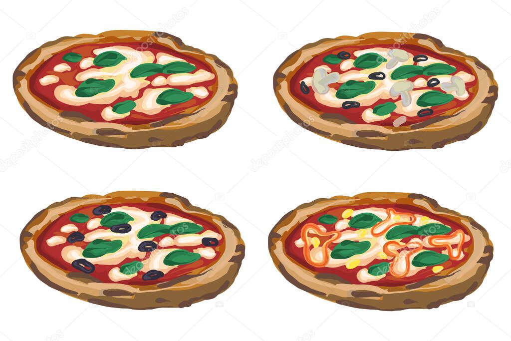 Set of 4 hand drawn vector Vegan Pizzas isolated on white background. Pizza with tomatoes, mozzarella cheese and Basil leaves. Pizza Margarita.