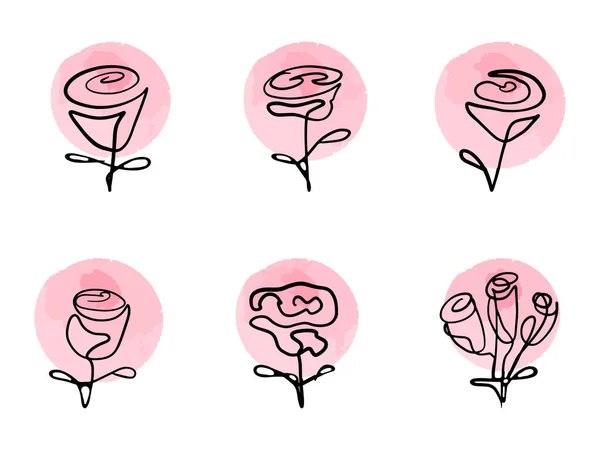 Set rozen in één lijn getekend met roze aquarelvlekken op de rug. Vector set van hand getrokken, enkele continue lijn bloemen met pastelkleurige vlekken. — Stockvector