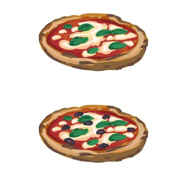 İki el çizilmiş Vegan Pizzaları beyaz arka planda izole edilmiş. Domatesli pizza, mozarella peyniri ve fesleğen yaprağı. Pizza Margarita..