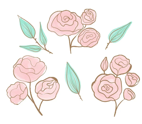 Set di rami floreali. Rosa fiore rosa, foglie verdi. Concetto di Wedding Vector con fiori. Manifesto floreale, invito. Rose disegnate con una linea dorata e acquerello rosa. — Vettoriale Stock