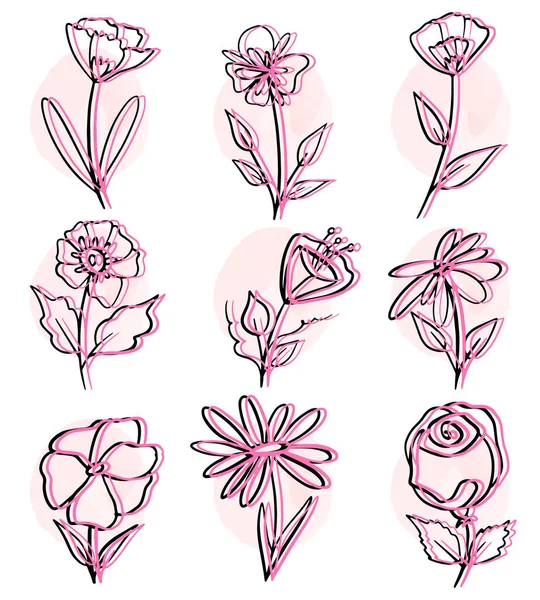 Pojedyncza linia kwiatów zestaw. Kolekcja wektorowa kwiatów narysowana jedną linią. Różowe plamy akwareli. — Wektor stockowy