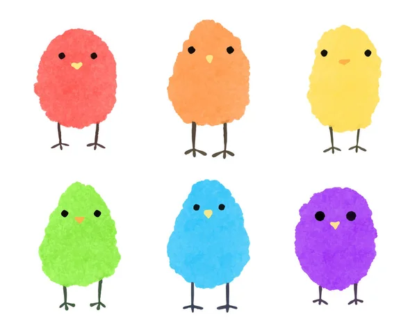 Vector Conjunto de coloridos pollos acuarela. Colección de pollitos de Pascua arco iris. Elementos dibujados a mano para diseño. — Vector de stock