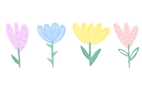 Set van iriserende vectorbloemen. Schattig cartoon plat ontwerp. Kleurrijke tulpen met de hand getekend in kinderstijl. — Stockvector