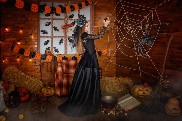 Duvağı olan siyah elbiseli, genç ve güzel bir cadı elinde sihirli bir top tutuyor. Balkabakları ve yaşlı bir cadının kitabı yerde yatıyor ve süpürge sapı duvara dayanıyor. Fantezi. Büyülü bir hikaye. Cadılar Bayramı partisi