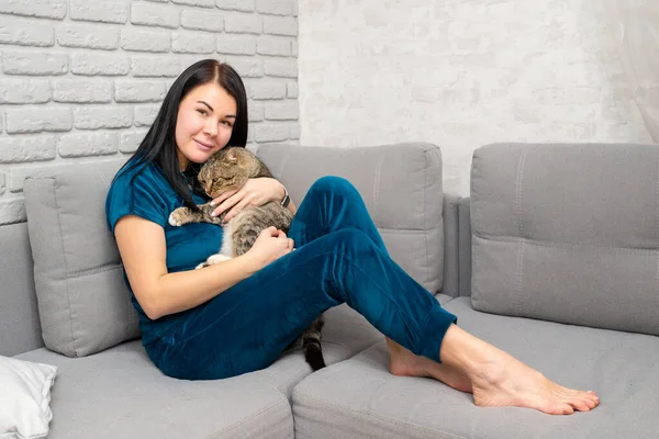 Sevimli bir kediyi tutan genç bir kadının portresi. Kız sevimli kedi yavrusuna sarılıyor. Arka plan, kopyalama alanı, kapatın. Sevimli hayvan konsepti.