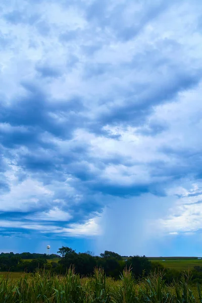 Campos de milho e torre de água em nuvens sinistras escuras — Fotografia de Stock