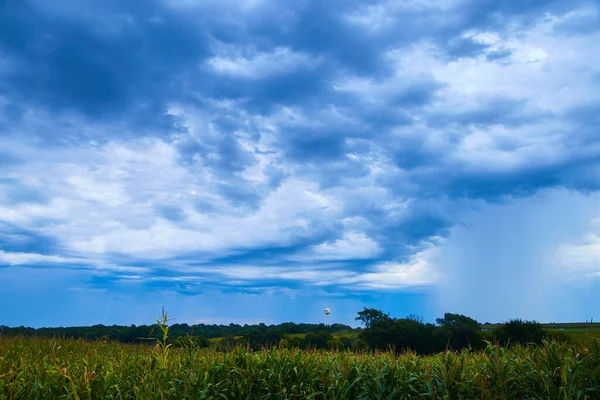 Torre de água em nuvens tempestuosas com campos de milho — Fotografia de Stock