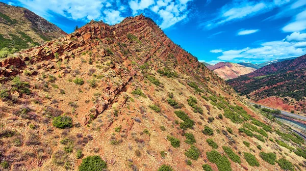 Большие наклонные красные скалы с кустарниками — стоковое фото
