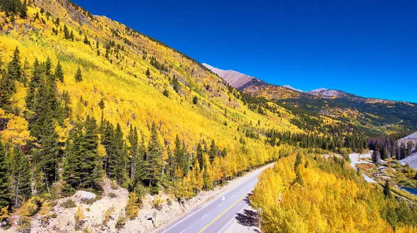 Luchtfoto van de herfst gouden gele espen bomen die bergen op de weg — Stockfoto