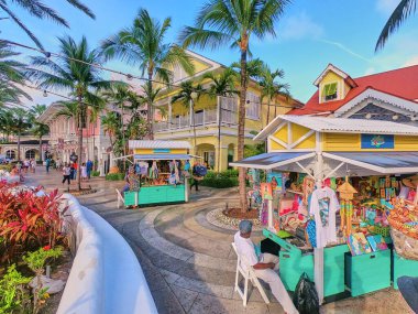 Sokak satıcılarının ve palmiye ağaçlarının olduğu tropik bir pazar