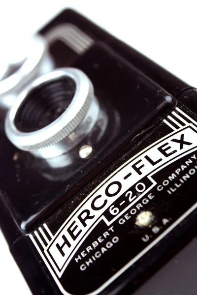 Nahaufnahme der Herco-Flex 6-20 Kamera in Schwarz-Weiß vor weißem Hintergrund — Stockfoto