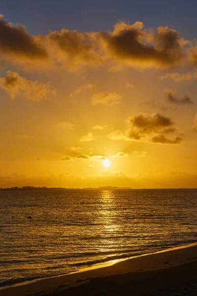 Pôr do sol vertical ou nascer do sol no oceano pela praia arenosa com brilho dourado — Fotografia de Stock