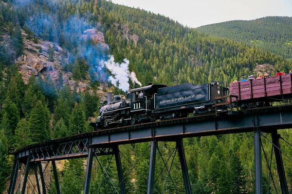 Lokomotive mit Smog über Metallbrücke in grünen waldbedeckten Berg — Stockfoto