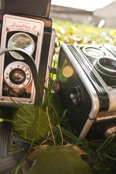 Zwei alte Kameras lagen in einem grasbewachsenen, offenen Feld, in der Mitte ein Linsenblitz — Stockfoto