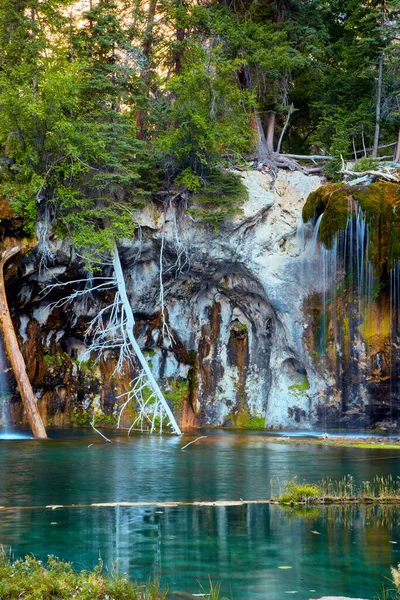 Vertical of water with waterfalls over white rocks and moss — Stock Photo, Image