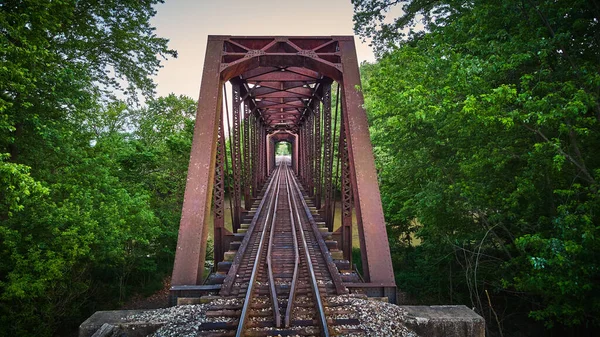 Blick direkt auf die Bahngleise einer großen Metallbrücke über den Fluss im grünen Wald — Stockfoto