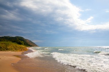 Beyaz köpüklü dalgaların otlara ve dağlara doğru yükseldiği kumlu bir sahil manzarası.