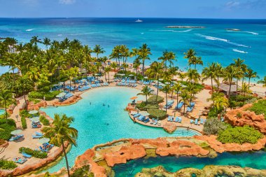 Havuzu, palmiyeleri ve okyanus manzarası olan bir tatil köyü.