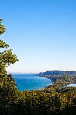 Sahillerle ve ağaçlarla çevrili yüksek bir gölden portre görüntüsü