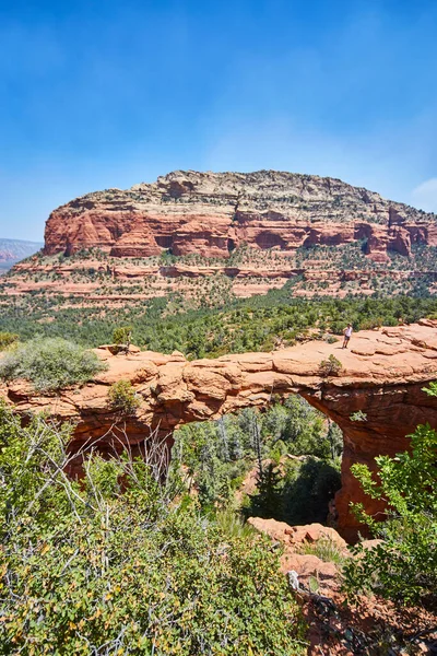 Large multicolored rocky canyon like outcropping rises above scrubby desert trees Devils Bridge — Stock Photo, Image